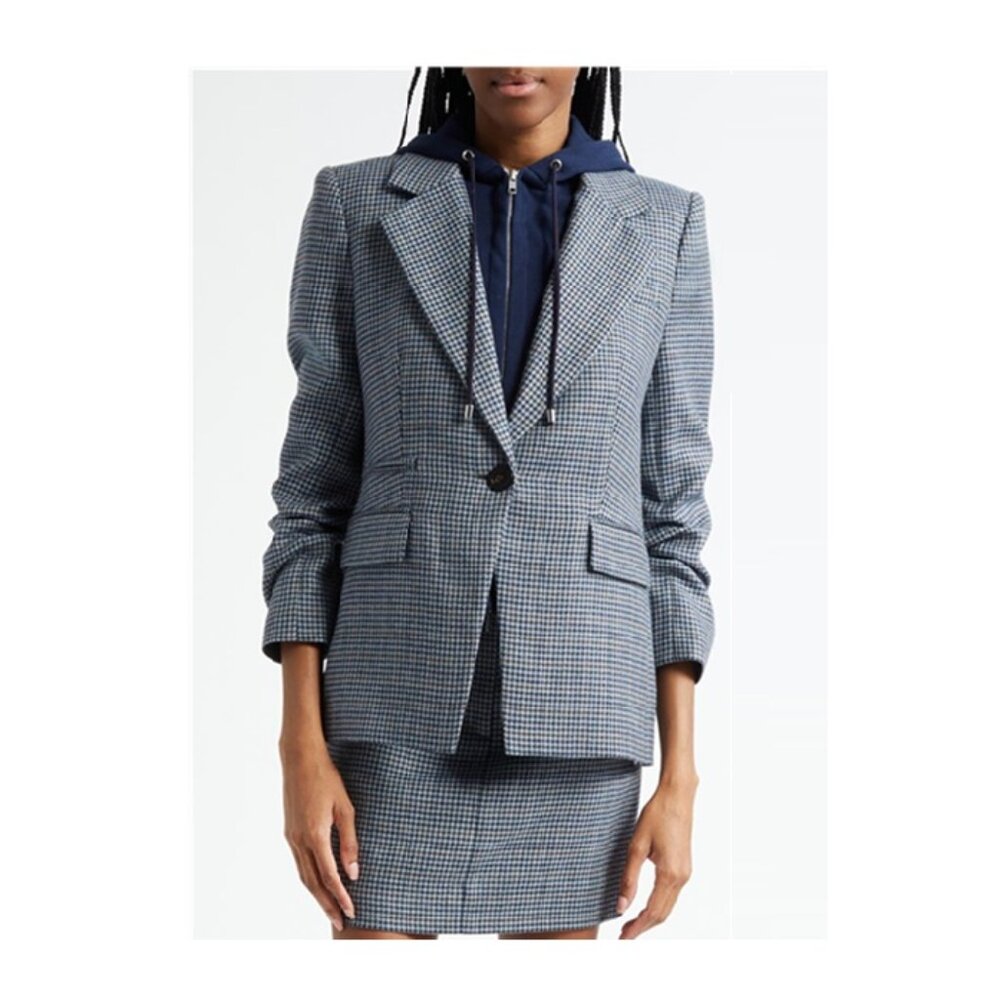 Veronica Beard Battista Houndstooth Check Virgin Wool Jacket with Hooded Dickey